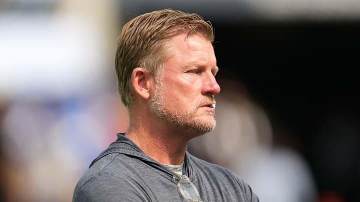 Aug 9, 2025; Inglewood, California, USA; Los Angeles Rams general manager Les Snead watches during the game against the Dallas Cowboys at SoFi Stadium. Mandatory Credit: Kirby Lee-Imagn Images