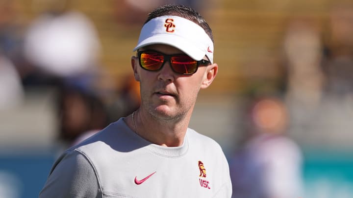 Oct 28, 2023; Berkeley, California, USA; USC Trojans head coach Lincoln Riley before the game against the California Golden Bears at California Memorial Stadium. Mandatory Credit: Darren Yamashita-Imagn Images