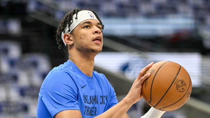 May 13, 2024; Dallas, Texas, USA; Oklahoma City Thunder forward Ousmane Dieng (13) warms up before the game between the Dallas Mavericks and the Oklahoma City Thunder in game four of the second round for the 2024 NBA playoffs at American Airlines Center. Mandatory Credit: Jerome Miron-USA TODAY Sports