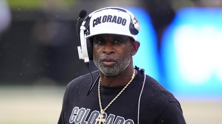 Oct 11, 2025; Boulder, Colorado, USA; Colorado Buffaloes head coach Deion Sanders during the first quarter against the Iowa State Cyclones at Folsom Field. Mandatory Credit: Ron Chenoy-Imagn Images