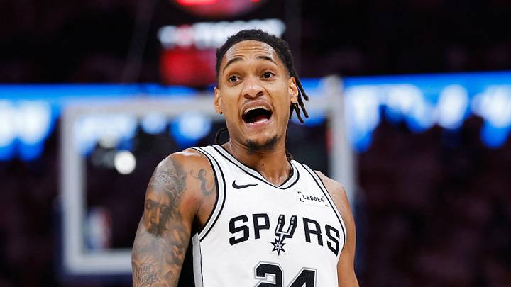 May 20, 2026; Oklahoma City, Oklahoma, USA; San Antonio Spurs guard Devin Vassell (24) reacts to a play during the fourth quarter against the Oklahoma City Thunder during game two of the western conference finals for the 2026 NBA playoffs at Paycom Center. Mandatory Credit: Alonzo Adams-Imagn Images