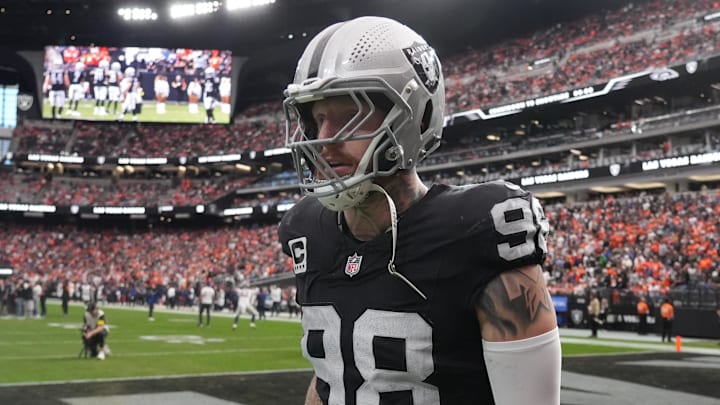 Dec 7, 2025; Paradise, Nevada, USA;  Las Vegas Raiders defensive end Maxx Crosby (98) on the field prior to a game against the Denver Broncos at Allegiant Stadium. Mandatory Credit: Kirby Lee-Imagn Images