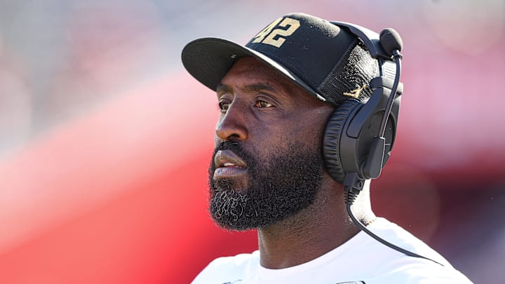 Oct 19, 2024; Piscataway, New Jersey, USA; UCLA Bruins head coach DeShaun Foster reacts during the second half against the Rutgers Scarlet Knights at SHI Stadium. Mandatory Credit: Vincent Carchietta-Imagn Images