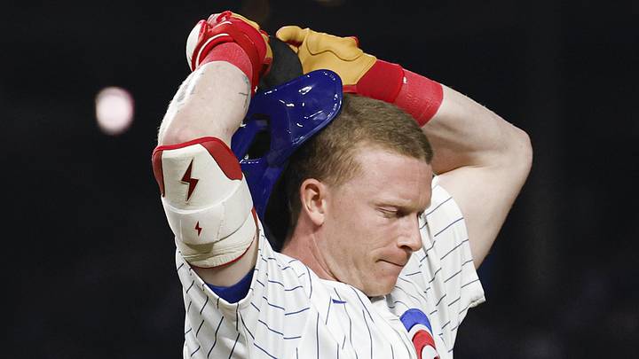 Jun 7, 2026; Chicago, Illinois, USA; Chicago Cubs center fielder Pete Crow-Armstrong (4) reacts during the ninth inning at Wrigley Field. Mandatory Credit: Kamil Krzaczynski-Imagn Images