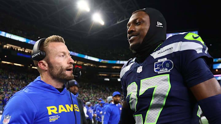 Jan 25, 2026; Seattle, WA, USA; Los Angeles Rams head coach Sean McVay greets Seattle Seahawks cornerback Riq Woolen (27) after the 2026 NFC Championship Game at Lumen Field. Mandatory Credit: Kevin Ng-Imagn Images Jan 25, 2026; Seattle, WA, USA; Los Angeles Rams head coach Sean McVay greets Seattle Seahawks cornerback Riq Woolen (27) after the 2026 NFC Championship Game at Lumen Field. Mandatory Credit: Kevin Ng-Imagn Images