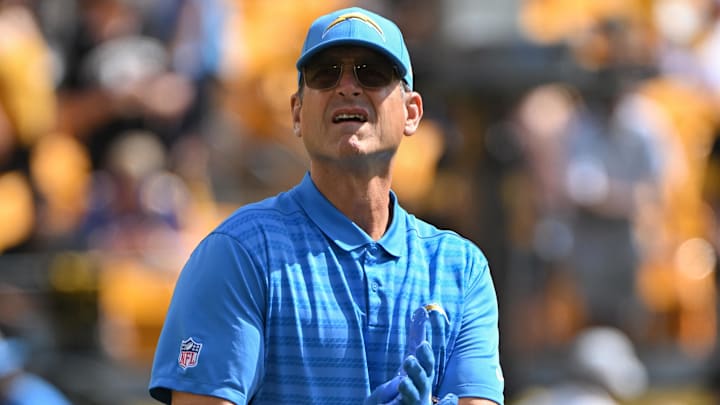 Sep 22, 2024; Pittsburgh, Pennsylvania, USA; Los Angeles Chargers head coach Jim Harbaugh looks on before the game against the Pittsburgh Steelers at Acrisure Stadium. Mandatory Credit: Barry Reeger-Imagn Images