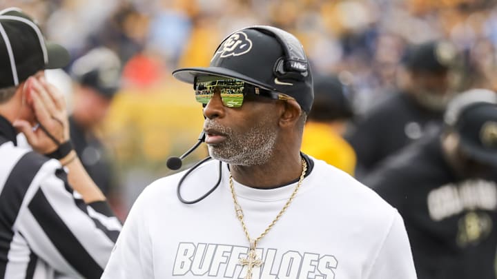 Nov 8, 2025; Morgantown, West Virginia, USA; Colorado Buffaloes head coach Deion Sanders walks along the sidelines late in the fourth quarter against the West Virginia Mountaineers at Milan Puskar Stadium. 