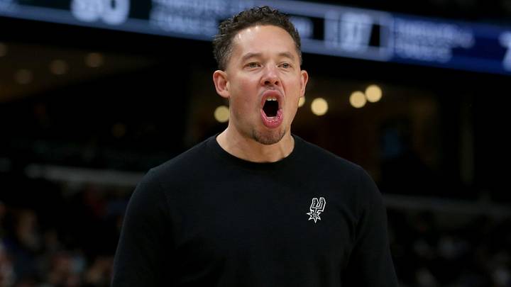 Jan 6, 2026; Memphis, Tennessee, USA; San Antonio Spurs head coach Mitch Johnson reacts during the third quarter against the Memphis Grizzlies at FedExForum. Mandatory Credit: Petre Thomas-Imagn Images