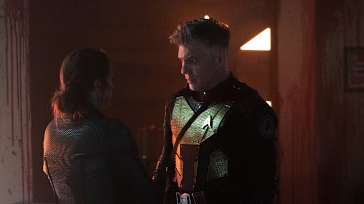 L-R Melanie Scrofano as Batel and Anson Mount as Capt. Pike in the Star Trek: Strange New Worlds Season 2 finale, "Hegemony."