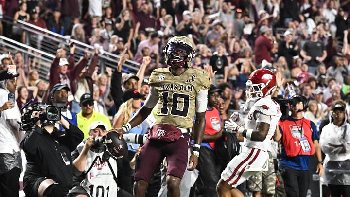 Oct 3, 2026; College Station, Texas, USA; Texas A&M Aggies quarterback Marcel Reed (10) celebrates after scoreing a touchdown during the second quarter against the Arkansas Razorbacks at Kyle Field. Mandatory Credit: Maria Lysaker-Imagn Images Oct 3, 2026; College Station, Texas, USA; Texas A&M Aggies quarterback Marcel Reed (10) celebrates after scoreing a touchdown during the second quarter against the Arkansas Razorbacks at Kyle Field. Mandatory Credit: Maria Lysaker-Imagn Images