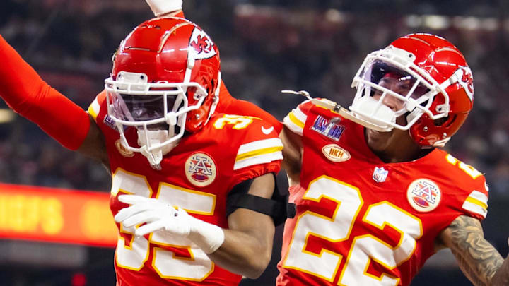Feb 11, 2024; Paradise, Nevada, USA; Kansas City Chiefs cornerback Jaylen Watson (35) celebrates with Trent McDuffie (22) after recovering a muffed punt against the San Francisco 49ers in the second half in Super Bowl LVIII at Allegiant Stadium. Mandatory Credit: Mark J. Rebilas-Imagn Images