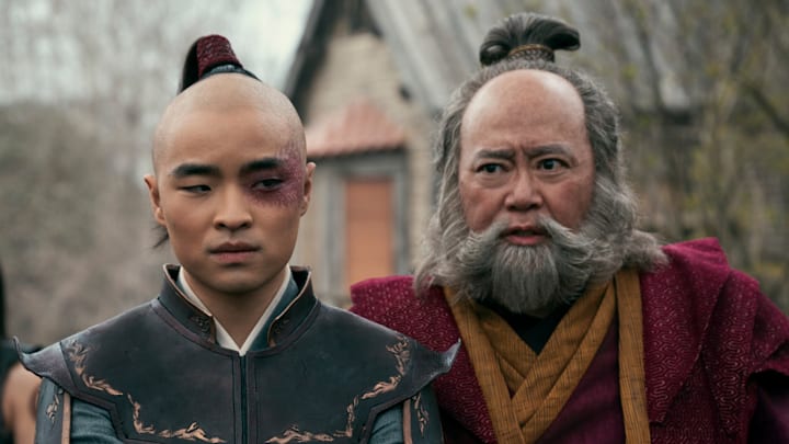 Avatar: The Last Airbender. (L to R) Arden Cho as June, Dallas Liu as Prince Zuko, Paul Sun-Hyung Lee as Iroh in season 1 of Avatar: The Last Airbender. Cr. Robert Falconer/Netflix © 2024