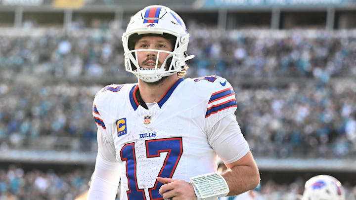 Jan 11, 2026; Jacksonville, FL, USA; Buffalo Bills quarterback Josh Allen (17) reacts after scoring a touchdown during the second half against the Jacksonville Jaguars in an AFC Wild Card Round game at EverBank Stadium. Mandatory Credit: Melina Myers-Imagn Images