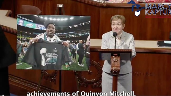 Ohio representative Marcy Kaptur shouts out Eagles cornerback Quinyon Mitchell.
