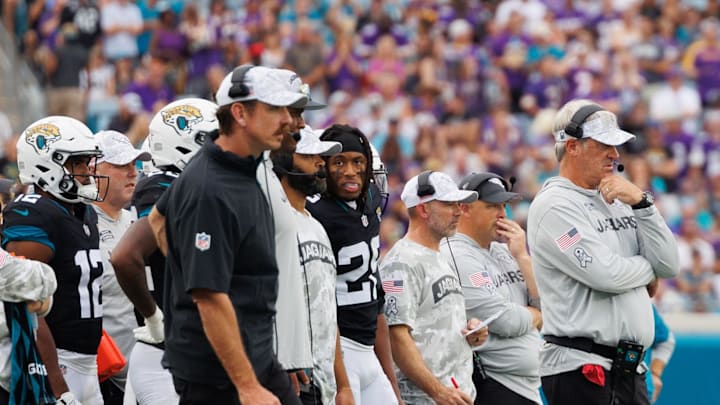 Nov 10, 2024; Jacksonville, Florida, USA; Jacksonville Jaguars head coach Doug Pederson watches the game against the Minnesota Vikings from the sideline at EverBank Stadium. Mandatory Credit: Morgan Tencza-Imagn Images