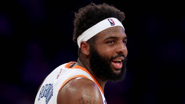 Apr 11, 2025; New York, New York, USA; New York Knicks center Mitchell Robinson (23) reacts during the first quarter against the Cleveland Cavaliers at Madison Square Garden. Mandatory Credit: Brad Penner-Imagn Images Apr 11, 2025; New York, New York, USA; New York Knicks center Mitchell Robinson (23) reacts during the first quarter against the Cleveland Cavaliers at Madison Square Garden. Mandatory Credit: Brad Penner-Imagn Images