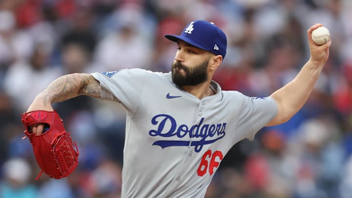Los Angeles Dodgers relief pitcher Tanner Scott throws a pitch.