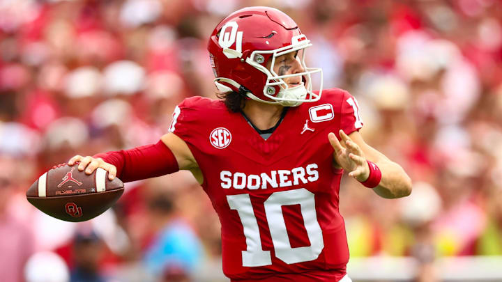 Oklahoma quarterback John Mateer drops back to pass.