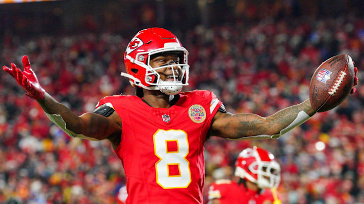 Kansas City Chiefs receiver DeAndre Hopkins celebrates scoring a touchdown.
