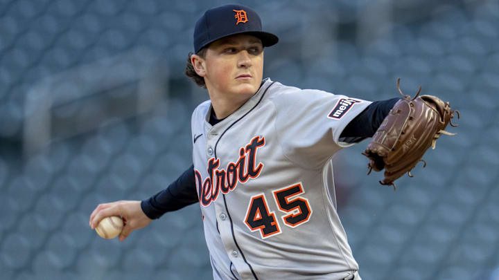 Apr 11, 2025; Minneapolis, Minnesota, USA; Detroit Tigers starting pitcher Reese Olson (45) delivers a pitch against the Minnesota Twins in the first inning at Target Field