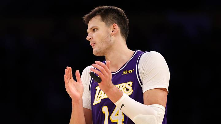 Oct 23, 2026; Los Angeles, California, USA;  Los Angeles Lakers center Walker Kessler (14) reacts during the fourth quarter against the Los Angeles Clippers at Crypto.com Arena. Mandatory Credit: Kiyoshi Mio-Imagn Images