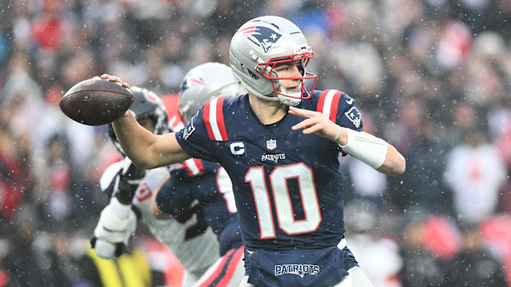 Jan 18, 2026; Foxborough, MA, USA; New England Patriots quarterback Drake Maye (10) throws in the first quarter in an AFC Divisional Round game against the Houston Texans at Gillette Stadium. Mandatory Credit: Brian Fluharty-Imagn Images