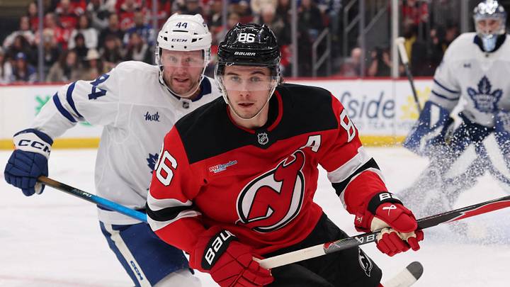 Mar 4, 2026; Newark, New Jersey, USA; New Jersey Devils center Jack Hughes (86) and Toronto Maple Leafs defenseman Morgan Rielly (44) look for the puck during the second period at Prudential Center. Mandatory Credit: Ed Mulholland-Imagn Images Mar 4, 2026; Newark, New Jersey, USA; New Jersey Devils center Jack Hughes (86) and Toronto Maple Leafs defenseman Morgan Rielly (44) look for the puck during the second period at Prudential Center. Mandatory Credit: Ed Mulholland-Imagn Images
