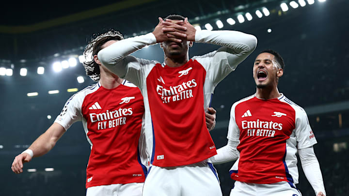 Gabriel Magalhães comemora gol pelo Arsenal contra o Sporting, na Liga dos Campeões