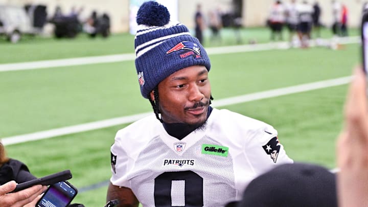 Jun 10, 2025; Foxborough, MA, USA; New England Patriots wide receiver Stefon Diggs (8) speaks to the media after minicamp held in the WIN Field House at Gillette Stadium. Mandatory Credit: Eric Canha-Imagn Images