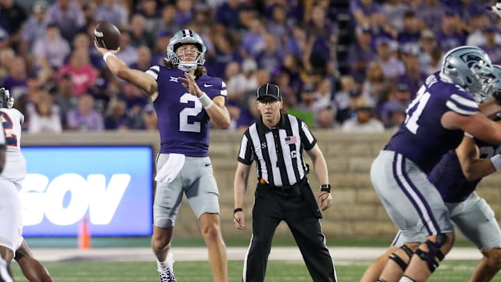Aug 31, 2024; Manhattan, Kansas, USA; Kansas State Wildcats quarterback Avery Johnson (2) passes the ball during the third quarter against the Tennessee-Martin Skyhawks at Bill Snyder Family Football Stadium. Mandatory Credit: Scott Sewell-Imagn Images