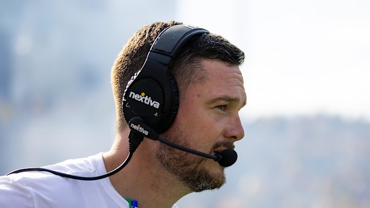 Nov 18, 2023; Tempe, Arizona, USA; Oregon Ducks head coach Dan Lanning against the Arizona State Sun Devils at Mountain America Stadium. Mandatory Credit: Mark J. Rebilas-Imagn Images