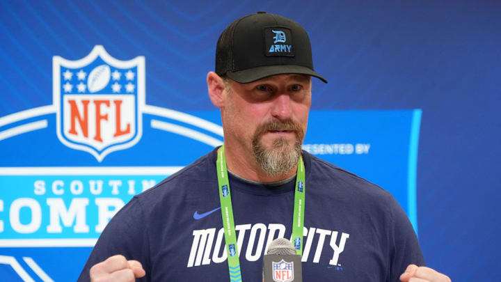 Detroit Lions coach Dan Campbell speaks during the NFL Scouting Combine at the Indiana Convention Center Detroit Lions coach Dan Campbell speaks during the NFL Scouting Combine at the Indiana Convention Center