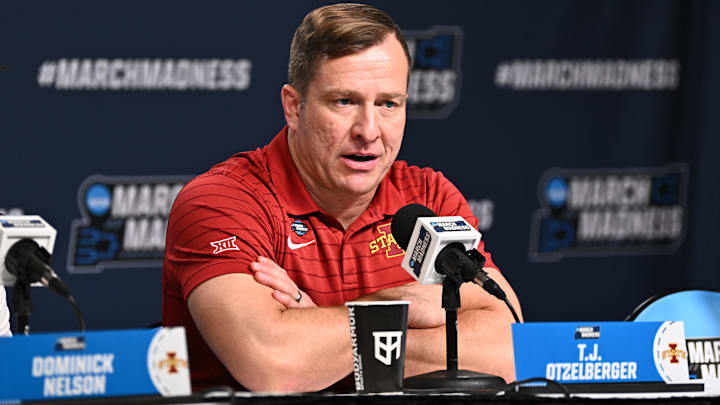 Mar 20, 2026; St. Louis, MO, USA; Iowa State Cyclones head coach T.J. Otzelberger addresses the media after a first round game of the men's 2026 NCAA Tournament against the Tennessee State Tigers at Enterprise Center. Mar 20, 2026; St. Louis, MO, USA; Iowa State Cyclones head coach T.J. Otzelberger addresses the media after a first round game of the men's 2026 NCAA Tournament against the Tennessee State Tigers at Enterprise Center.