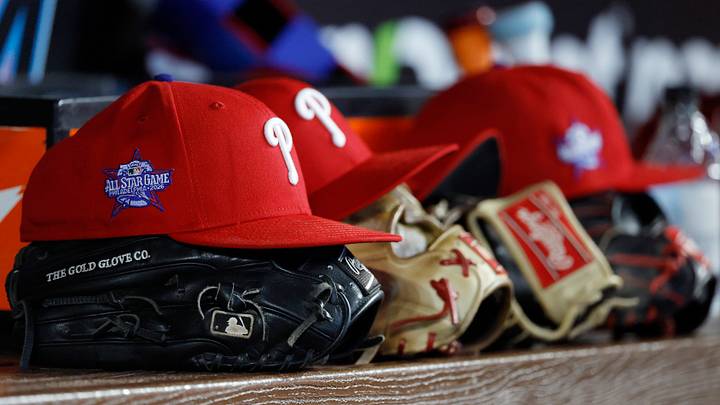 May 2, 2026; Miami, Florida, USA; Philadelphia Phillies starting hats and gloves sit on the bench against the Miami Marlins during the fifth inning at loanDepot Park. Mandatory Credit: Rhona Wise-Imagn Images May 2, 2026; Miami, Florida, USA; Philadelphia Phillies starting hats and gloves sit on the bench against the Miami Marlins during the fifth inning at loanDepot Park. Mandatory Credit: Rhona Wise-Imagn Images