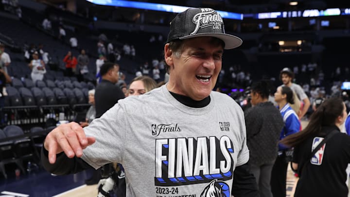 May 30, 2024; Minneapolis, Minnesota, USA; Dallas Mavericks minority owner Mark Cuban celebrates after winning the Western Confrerence Championship against the Minnesota Timberwolves in game five of the western conference finals for the 2024 NBA playoffs at Target Center. Mandatory Credit: Jesse Johnson-Imagn Images