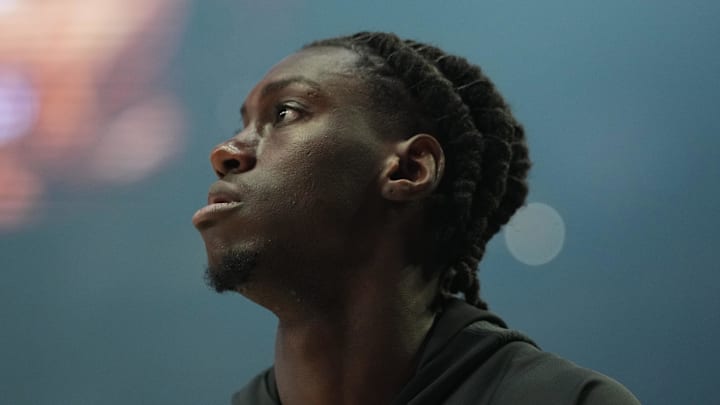 Feb 7, 2026; Portland, Oregon, USA; Portland Trail Blazers guard Sidy Cissoko (91) looks on during warmups before the game against the Memphis Grizzlies at Moda Center. Mandatory Credit: Soobum Im-Imagn Images