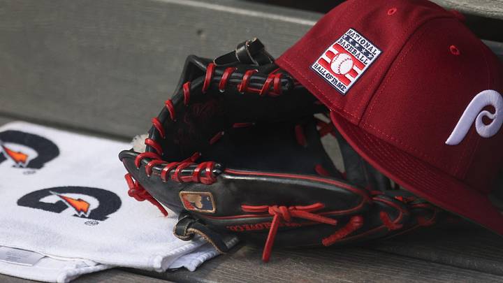 Jul 25, 2025; Bronx, New York, USA; A detailed view of a Hall of Fame patch on a Philadelphia Phillies hat resting in the dugout during the second inning against the New York Yankees at Yankee Stadium. 