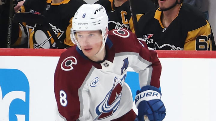 Mar 24, 2026; Pittsburgh, Pennsylvania, USA;  Colorado Avalanche defenseman Cale Makar (8) handles the puck against the Pittsburgh Penguins during the third period at PPG Paints Arena. Mandatory Credit: Charles LeClaire-Imagn Images