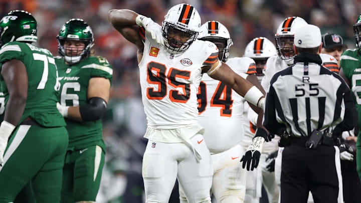 Dec 28, 2023; Cleveland, Ohio, USA; Cleveland Browns defensive end Myles Garrett (95) celebrates after a sack against the New York Jets during the first half at Cleveland Browns Stadium. Mandatory Credit: Scott Galvin-Imagn Images