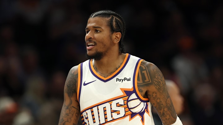 Nov 6, 2025; Phoenix, Arizona, USA; Phoenix Suns guard Jalen Green (4) against the Los Angeles Clippers in the first half at the Mortgage Matchup Center. Mandatory Credit: Mark J. Rebilas-Imagn Images