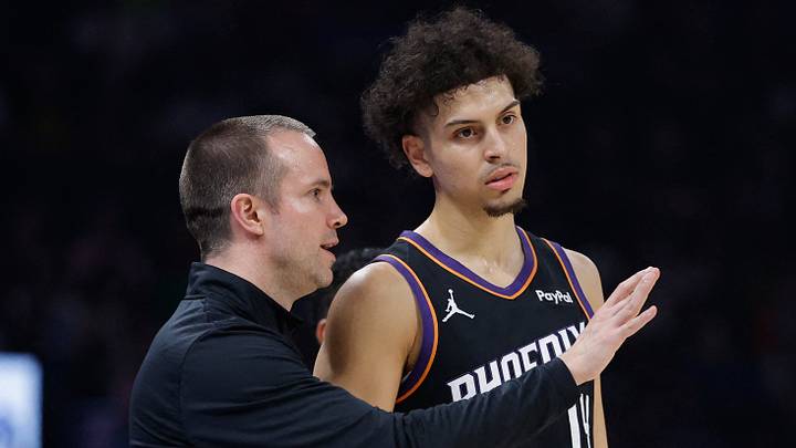Apr 12, 2026; Oklahoma City, Oklahoma, USA; Phoenix Suns head coach Jordan Ott talks to Phoenix Suns guard Koby Brea (14) during the first half at Paycom Center. Mandatory Credit: Alonzo Adams-Imagn Images Apr 12, 2026; Oklahoma City, Oklahoma, USA; Phoenix Suns head coach Jordan Ott talks to Phoenix Suns guard Koby Brea (14) during the first half at Paycom Center. Mandatory Credit: Alonzo Adams-Imagn Images