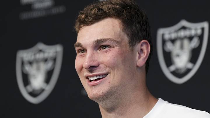 Las Vegas Raiders quarterback Fernando Mendoza speaks during a news conference. Las Vegas Raiders quarterback Fernando Mendoza speaks during a news conference.