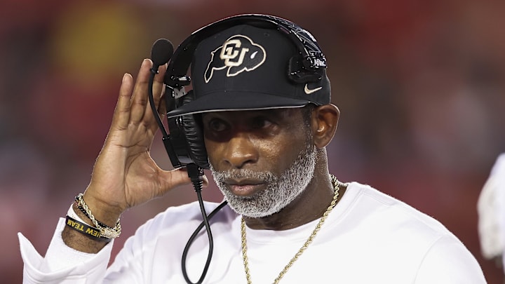Sep 12, 2025; Houston, Texas, USA; Colorado Buffaloes head coach Deion Sanders reacts during the second quarter against the Houston Cougars at TDECU Stadium. Sep 12, 2025; Houston, Texas, USA; Colorado Buffaloes head coach Deion Sanders reacts during the second quarter against the Houston Cougars at TDECU Stadium.