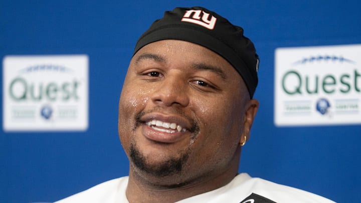 New York Giants defensive tackle Dexter Lawrence II (97) speaks at a press conference during day one of the New York Giants training camp at Quest Diagnostics Giants Training Center in East Rutherford on Wednesday, July 23, 2025. New York Giants defensive tackle Dexter Lawrence II (97) speaks at a press conference during day one of the New York Giants training camp at Quest Diagnostics Giants Training Center in East Rutherford on Wednesday, July 23, 2025.