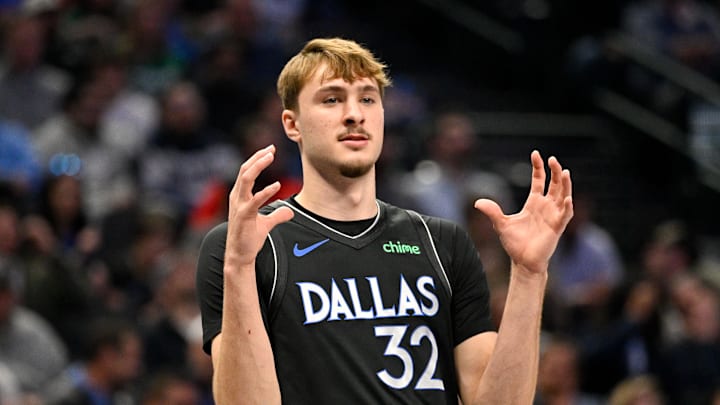 Jan 14, 2026; Dallas, Texas, USA; Dallas Mavericks forward Cooper Flagg (32) motions to his teammates during the first quarter against the Denver Nuggets at the American Airlines Center. Mandatory Credit: Jerome Miron-Imagn Images
