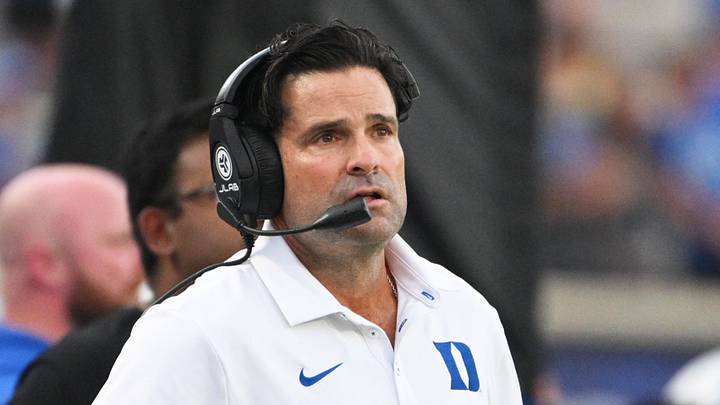 Sep 5, 2026; Durham, North Carolina, USA;  Duke Blue Devils head coach Manny Diaz looks on during the second half against the Tulane Green Wave at Wallace Wade Stadium.  Mandatory Credit: Zachary Taft-Imagn Images