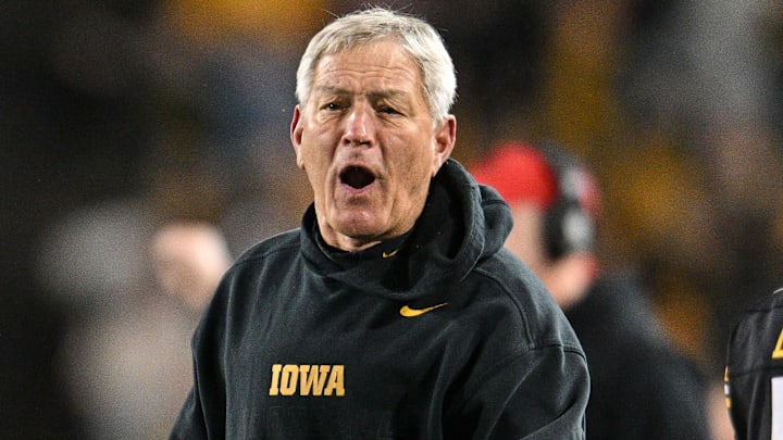 Nov 11, 2023; Iowa City, Iowa, USA; Iowa Hawkeyes head coach Kirk Ferentz reacts during the fourth quarter against the Rutgers Scarlet Knights at Kinnick Stadium. Mandatory Credit: Jeffrey Becker-Imagn Images