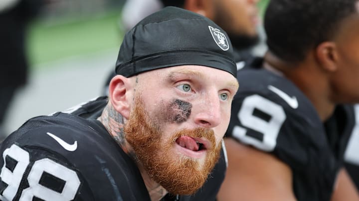 Sep 28, 2025; Paradise, Nevada, USA; Las Vegas Raiders defensive end Maxx Crosby (98) looks on from the sideline during the first quarter against the Chicago Bears at Allegiant Stadium. Mandatory Credit: Kiyoshi Mio-Imagn Images