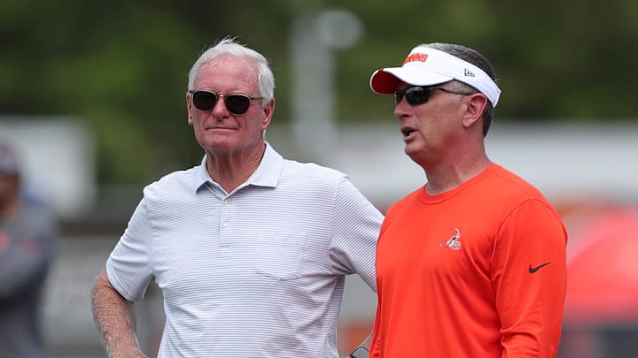 Browns owner Jimmy Haslam, left, watches practice with defensive coordinator Jim Schwartz during minicamp, Thursday, June 13, 2024, in Berea. Browns owner Jimmy Haslam, left, watches practice with defensive coordinator Jim Schwartz during minicamp, Thursday, June 13, 2024, in Berea.