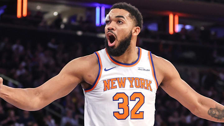 Feb 4, 2026; New York, New York, USA;  New York Knicks center Karl-Anthony Towns (32) celebrates in the second quarter against the Denver Nuggets at Madison Square Garden. Mandatory Credit: Wendell Cruz-Imagn Images